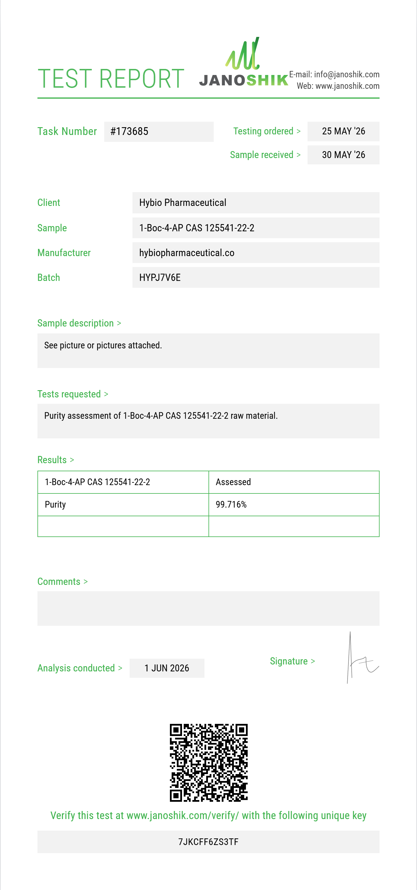 1-Boc-4-AP (tert-butyl 4-(phenylamino)piperidine-1-carboxylate) CAS 125541-22-2 Purity (HPLC) report by Janoshik Analytical
