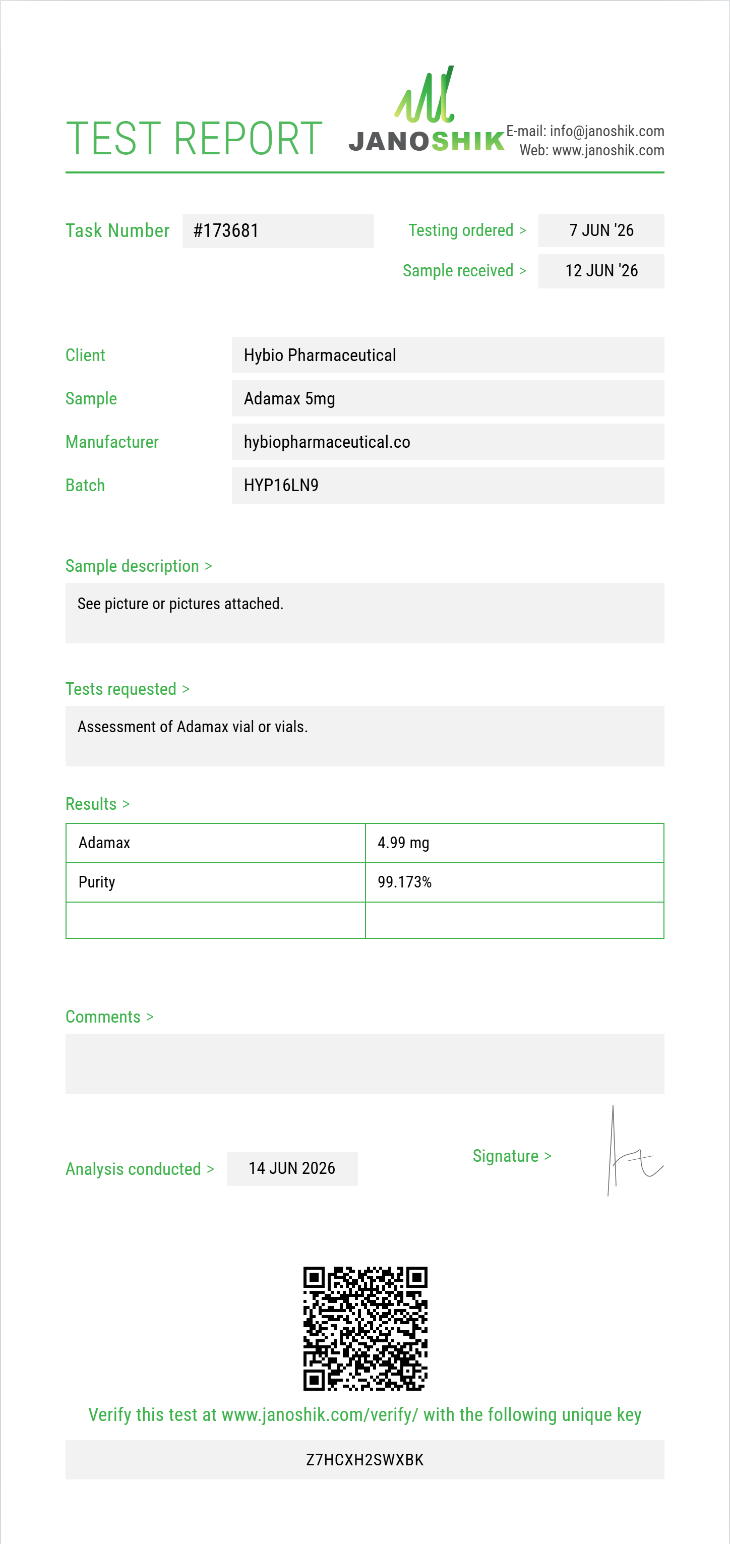 Adamax Purity (HPLC) report by Janoshik Analytical