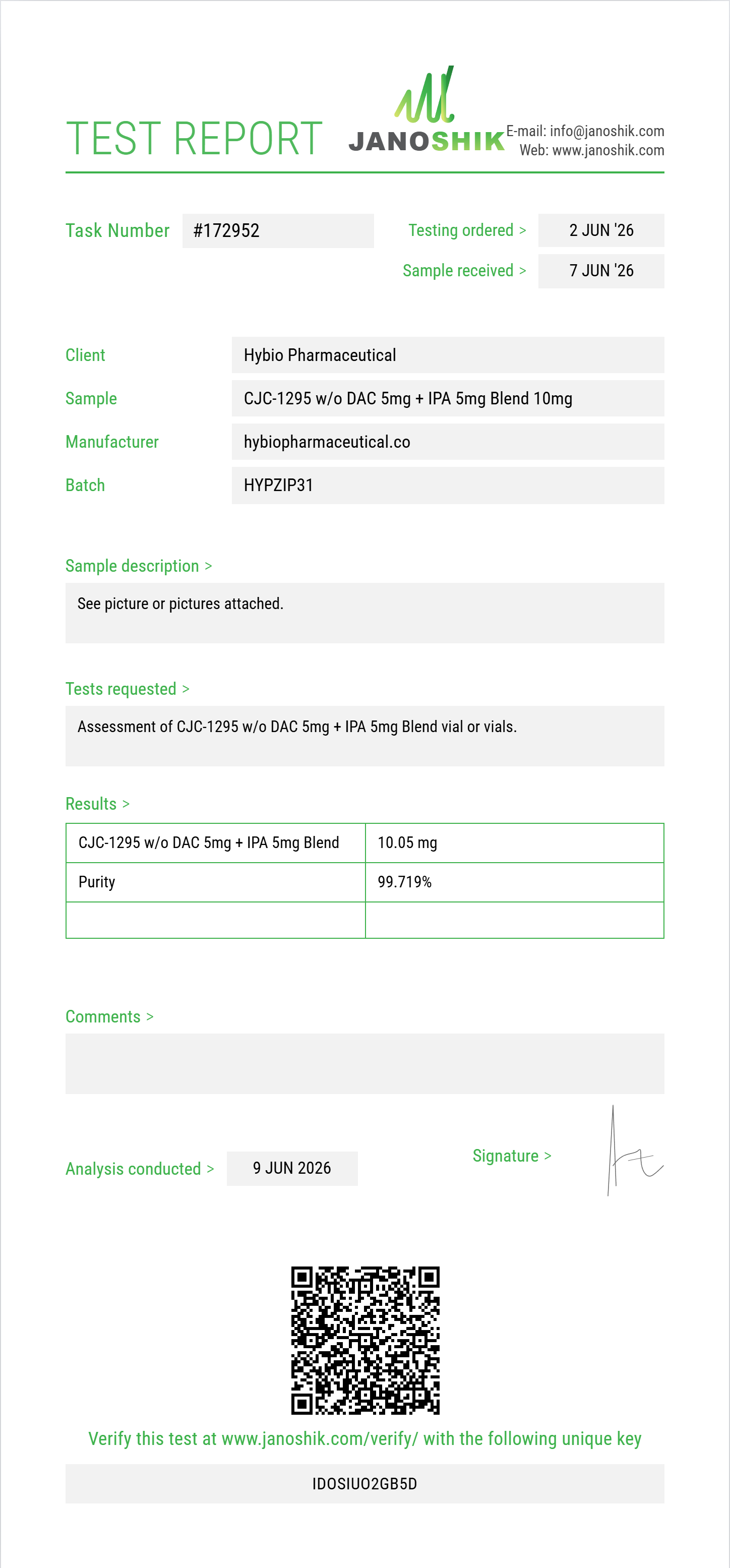CJC-1295 w/o DAC 5mg + IPA 5mg Blend Purity (HPLC) report by Janoshik Analytical