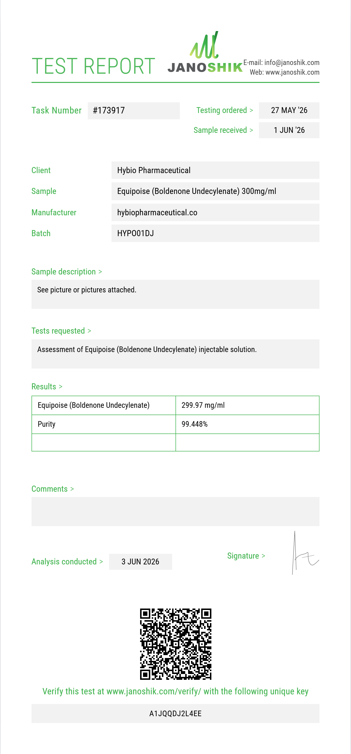 Equipoise (Boldenone Undecylenate) Purity (HPLC) report by Janoshik Analytical