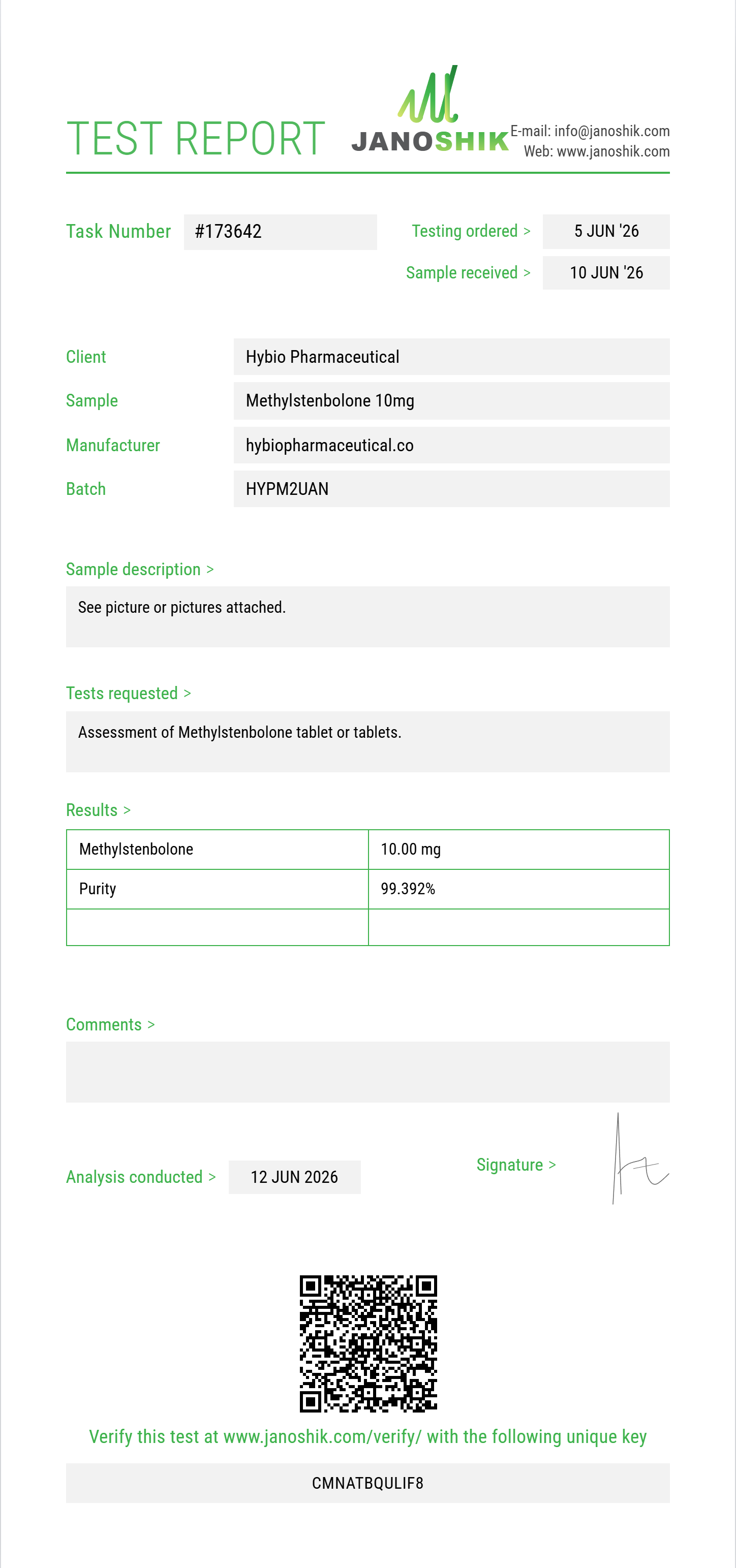 Methylstenbolone Purity (HPLC) report by Janoshik Analytical