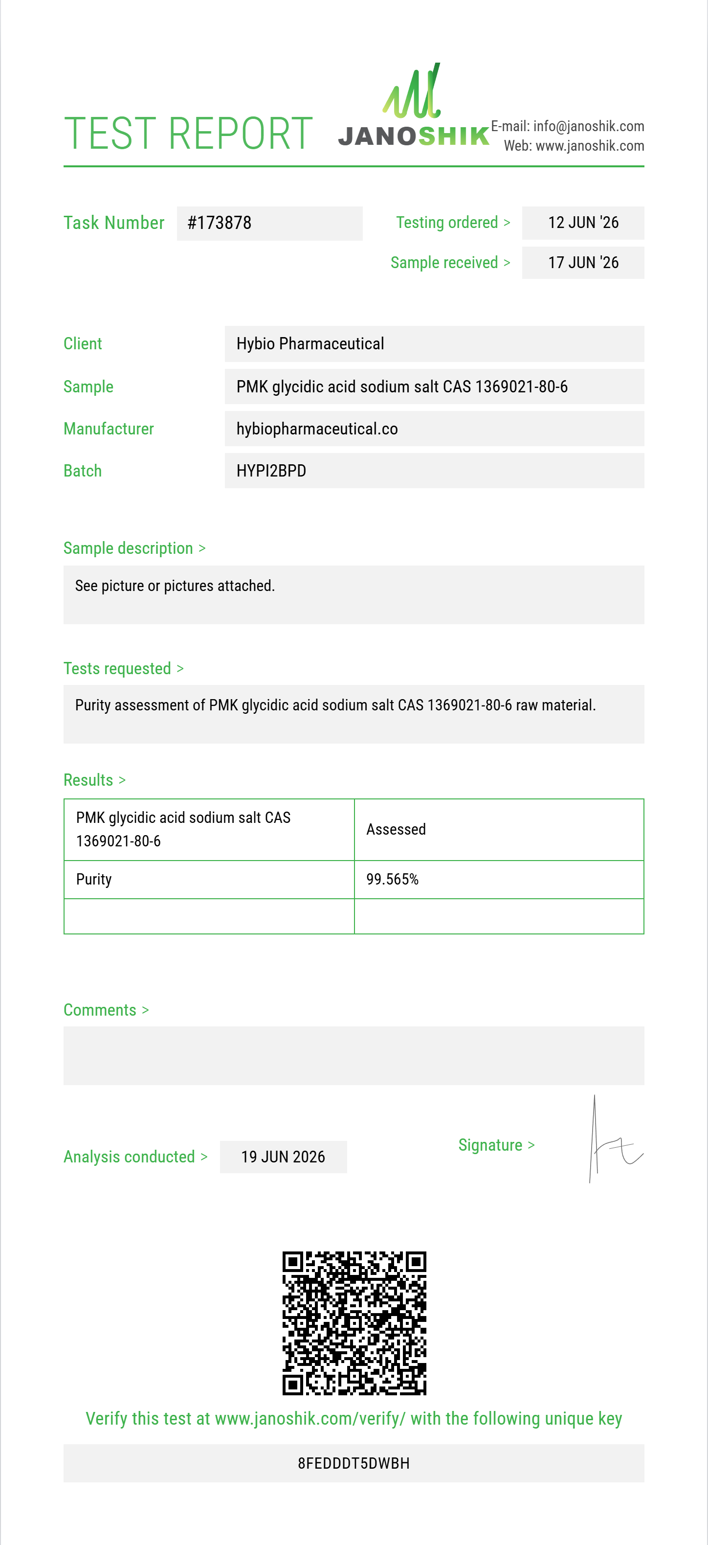 PMK glycidic acid (3,4-MDP-2-P methyl glycidic acid / sodium salt) CAS 1369021-80-6 Purity (HPLC) report by Janoshik Analytical