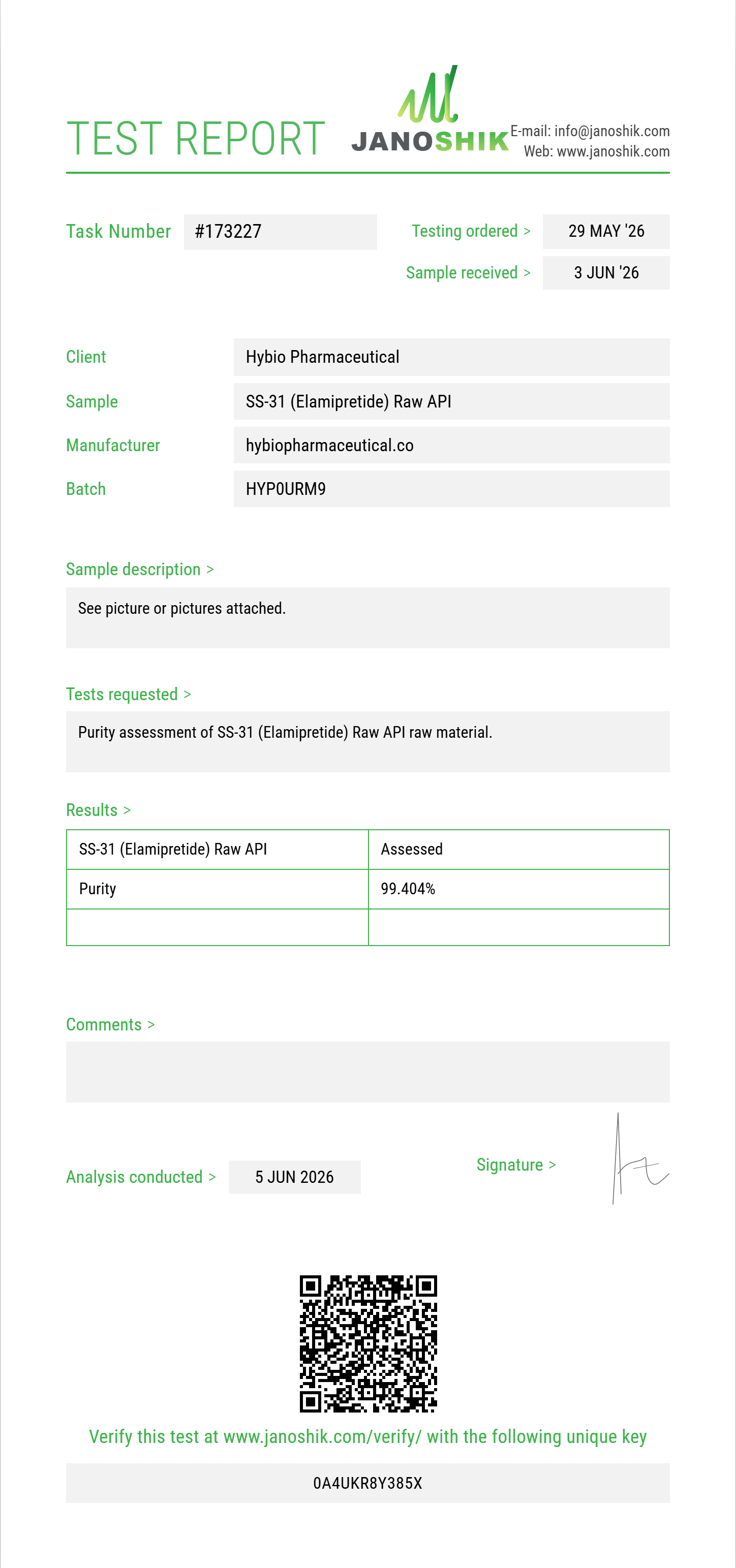 SS-31 (Elamipretide) Raw Purity (HPLC) report by Janoshik Analytical