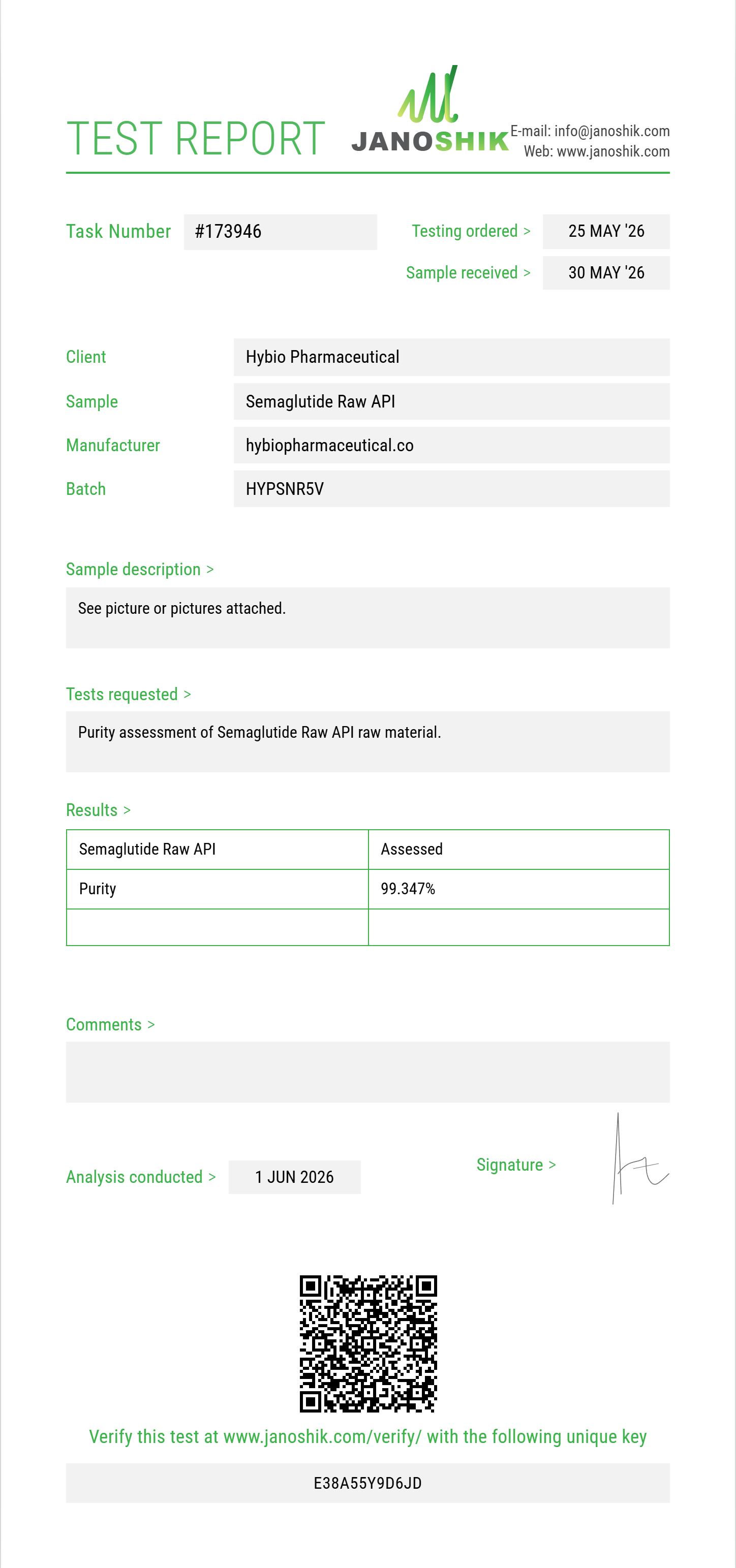 Semaglutide Raw Purity (HPLC) report by Janoshik Analytical