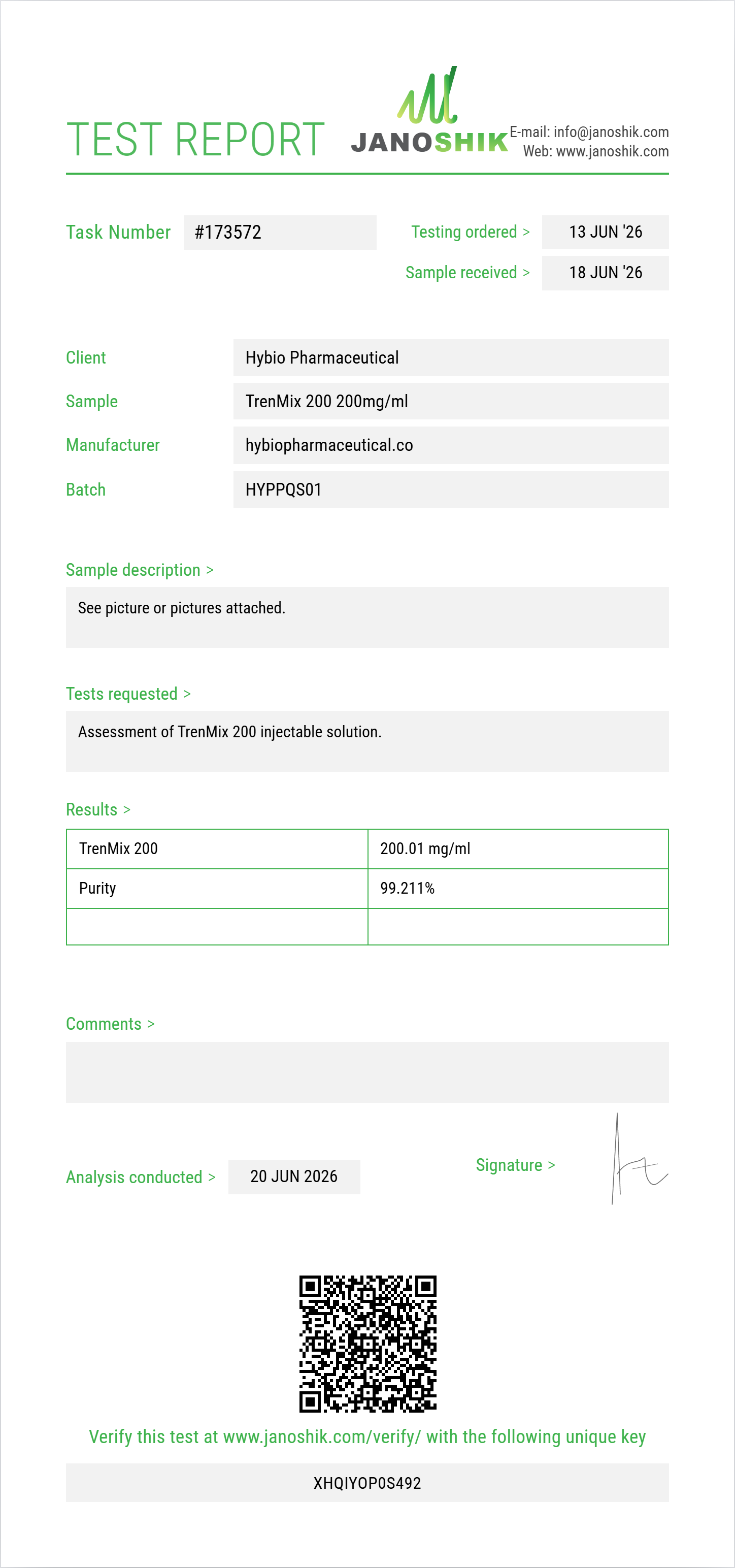 TrenMix 200 Purity (HPLC) report by Janoshik Analytical