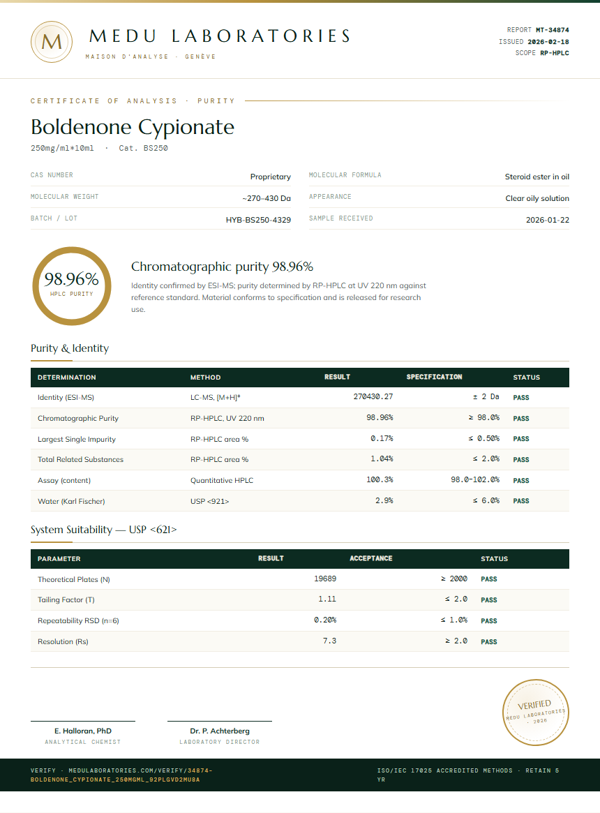 Boldenone Cypionate Purity / RP-HPLC report by Medu Laboratories