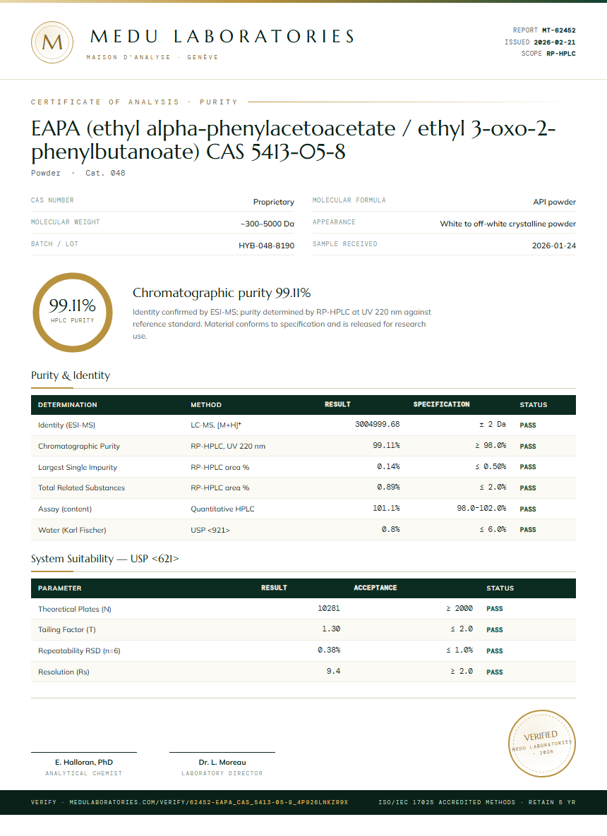 EAPA (ethyl alpha-phenylacetoacetate / ethyl 3-oxo-2-phenylbutanoate) CAS 5413-05-8 Purity Test Report by Medu Laboratories
