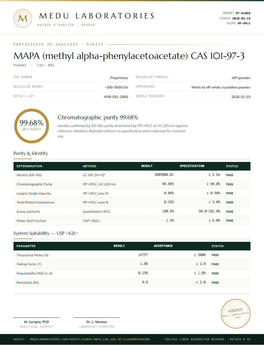 MAPA (methyl alpha-phenylacetoacetate) CAS 101-97-3 Purity / RP-HPLC report by Medu Laboratories