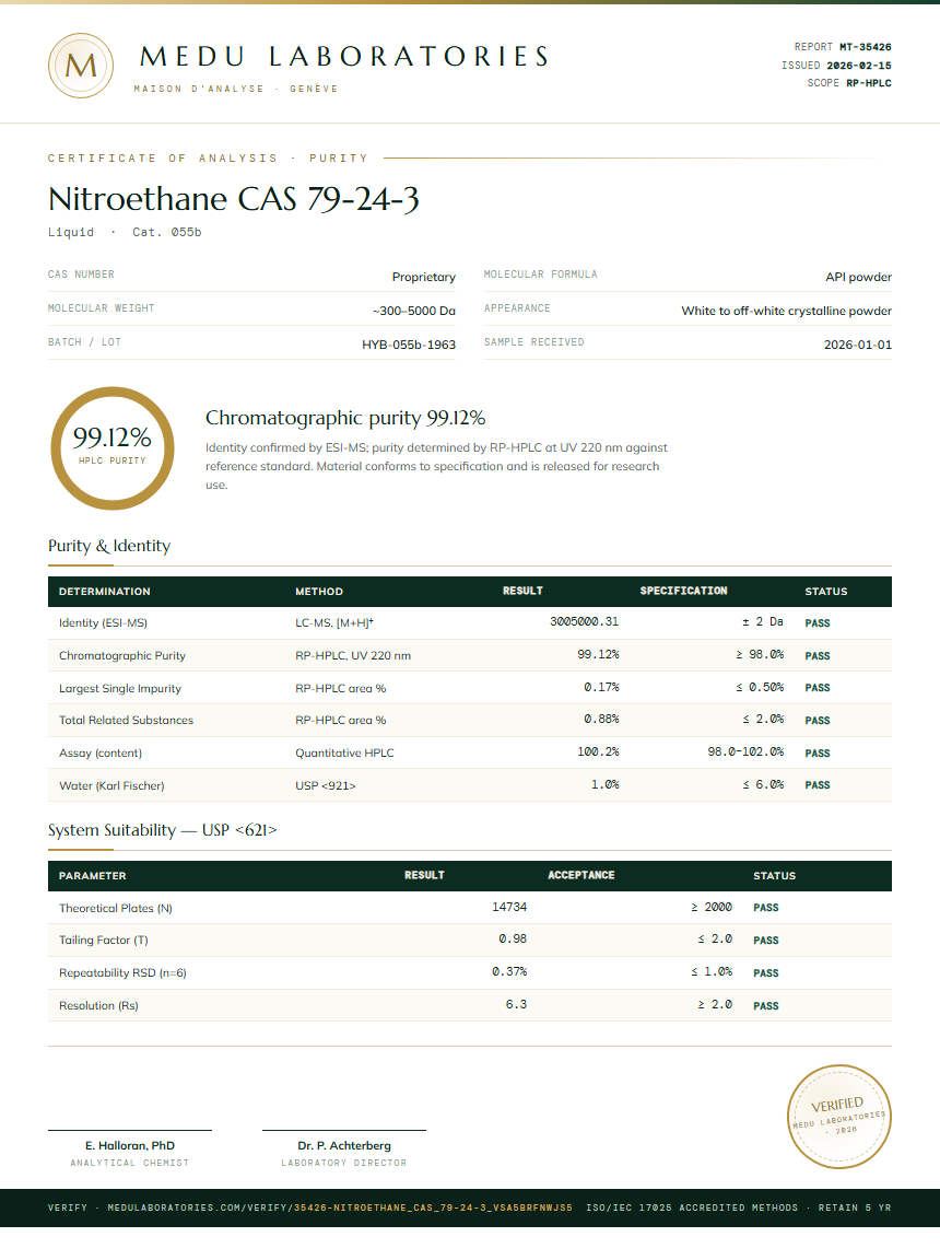 Nitroethane CAS 79-24-3 Purity / RP-HPLC report by Medu Laboratories