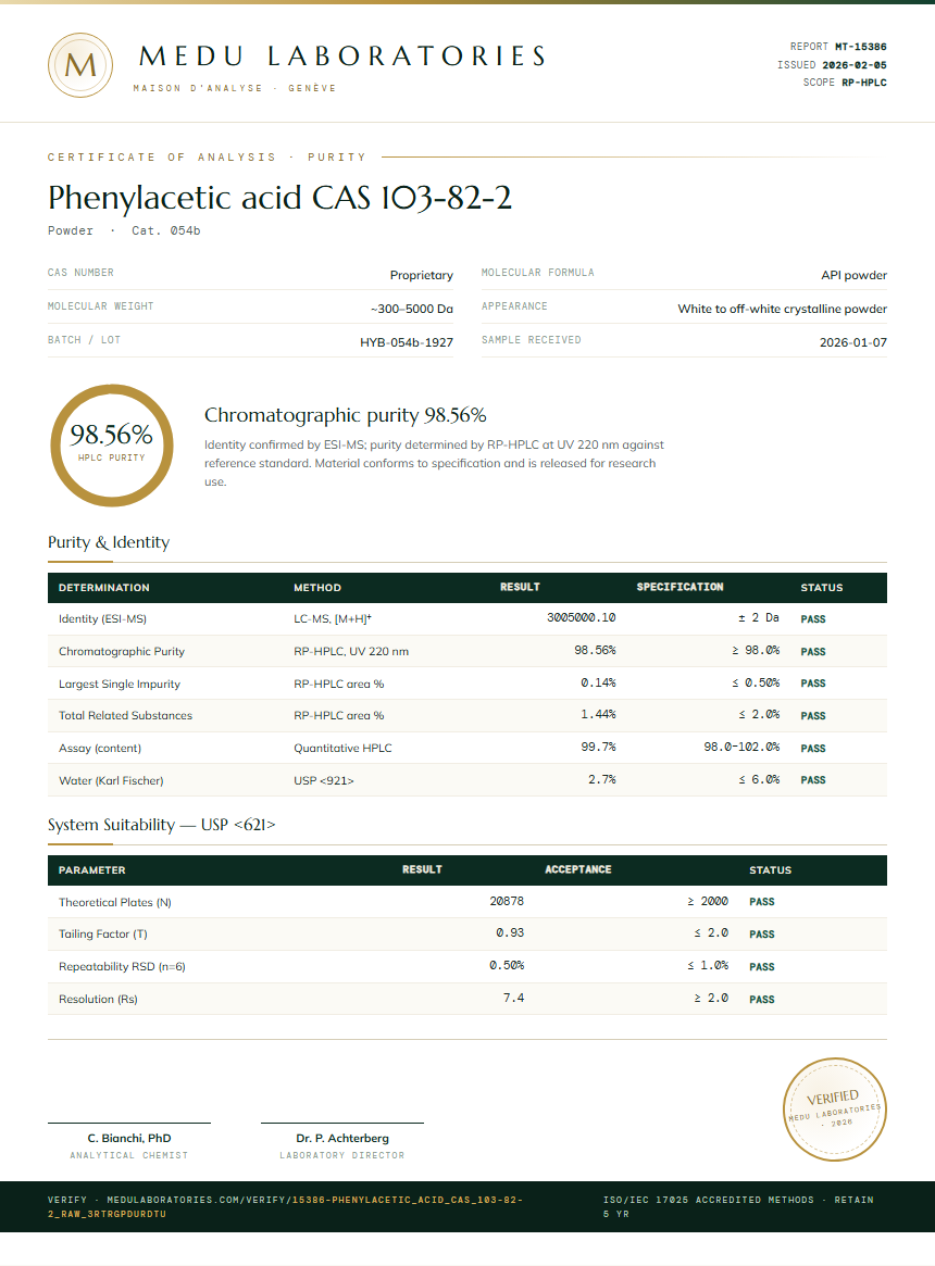 Phenylacetic acid CAS 103-82-2 Purity / RP-HPLC report by Medu Laboratories