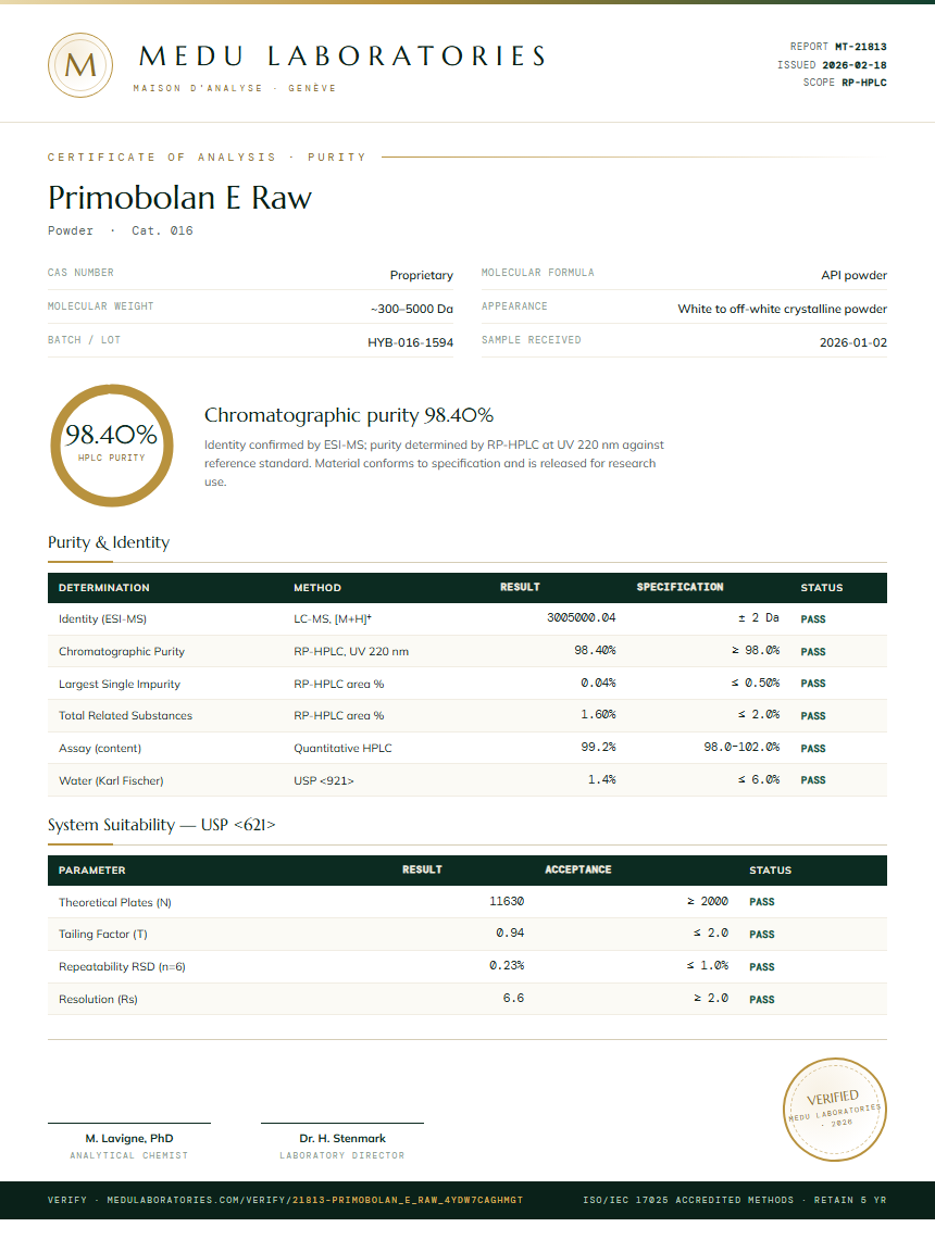 Primobolan E Raw Purity / RP-HPLC report by Medu Laboratories