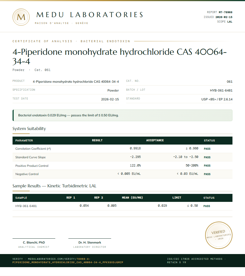 4-Piperidone monohydrate hydrochloride CAS 40064-34-4 Endotoxin report by Medu Laboratories