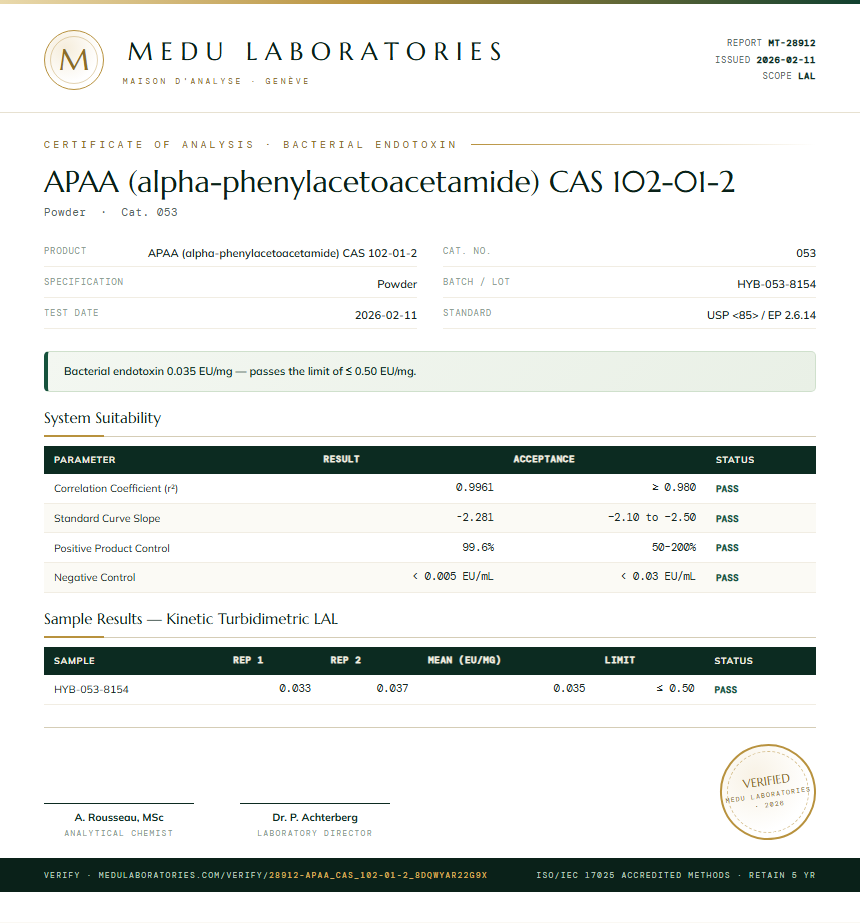 APAA (alpha-phenylacetoacetamide) CAS 102-01-2 Endotoxin report by Medu Laboratories