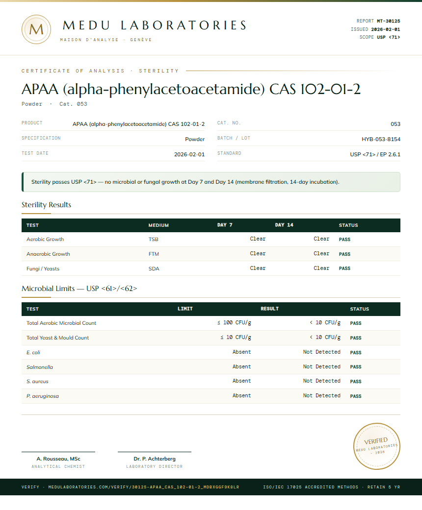 APAA (alpha-phenylacetoacetamide) CAS 102-01-2 Sterility report by Medu Laboratories