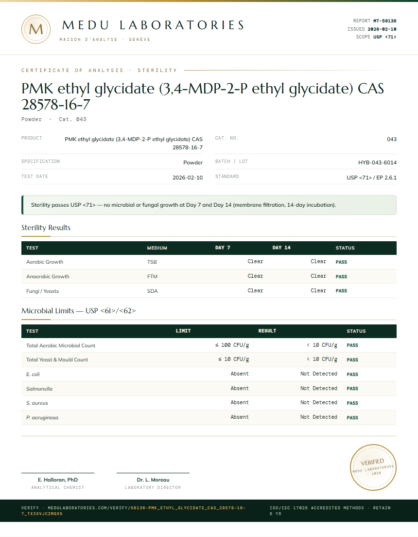 PMK ethyl glycidate (3,4-MDP-2-P ethyl glycidate) CAS 28578-16-7 Sterility report by Medu Laboratories