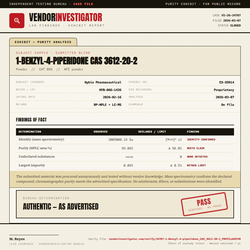 1-Benzyl-4-piperidone CAS 3612-20-2 Purity (HPLC) report by VendorInvestigator