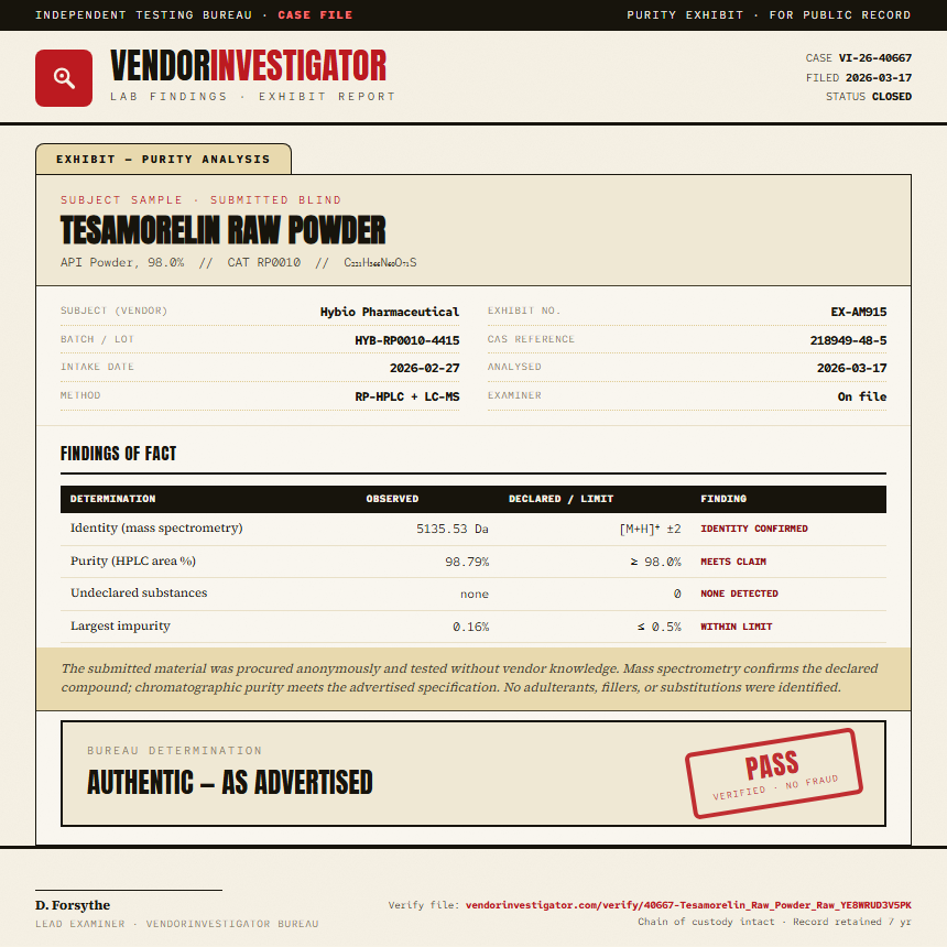Tesamorelin Raw Powder Purity (HPLC) report by VendorInvestigator