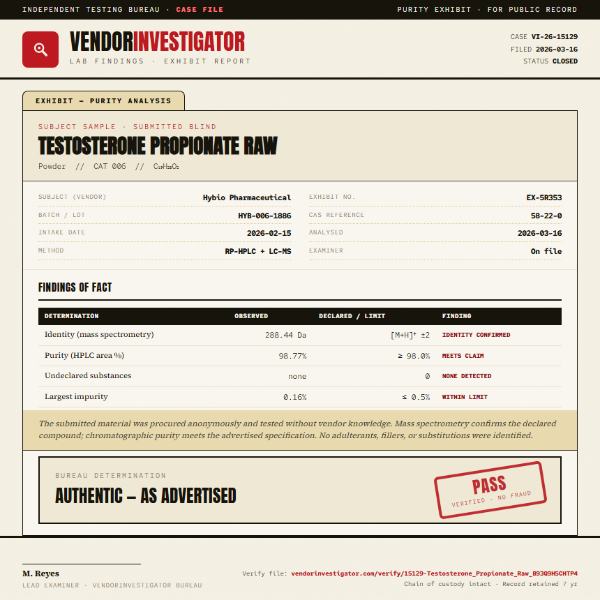 Testosterone Propionate Raw Purity (HPLC) report by VendorInvestigator