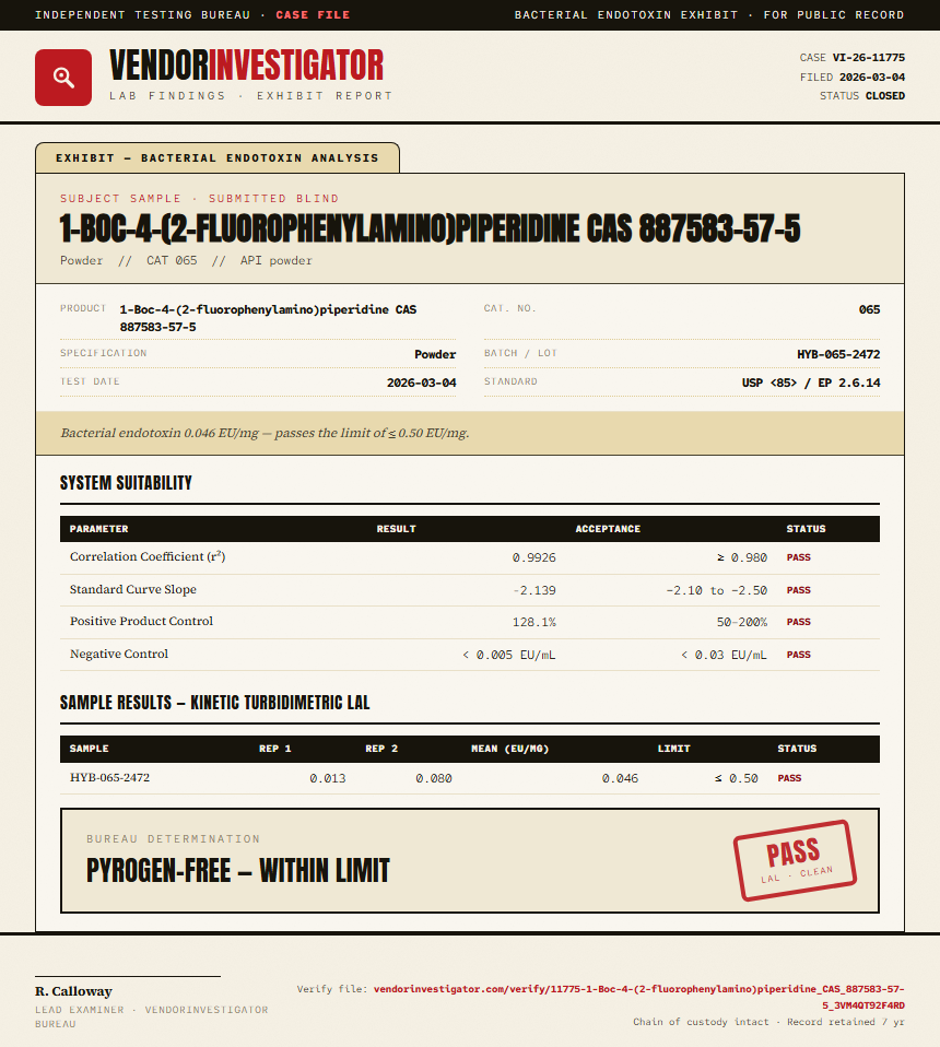 1-Boc-4-(2-fluorophenylamino)piperidine CAS 887583-57-5 Endotoxin report by VendorInvestigator