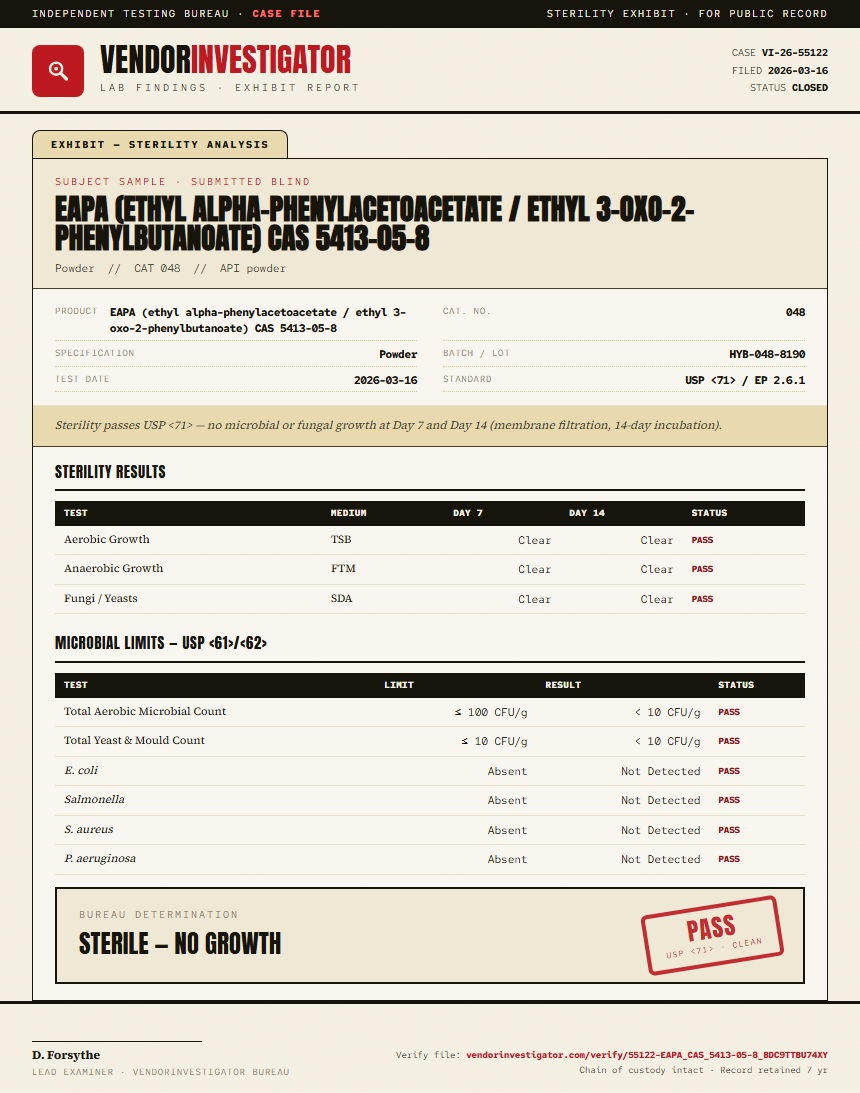 EAPA (ethyl alpha-phenylacetoacetate / ethyl 3-oxo-2-phenylbutanoate) CAS 5413-05-8 Sterility report by VendorInvestigator