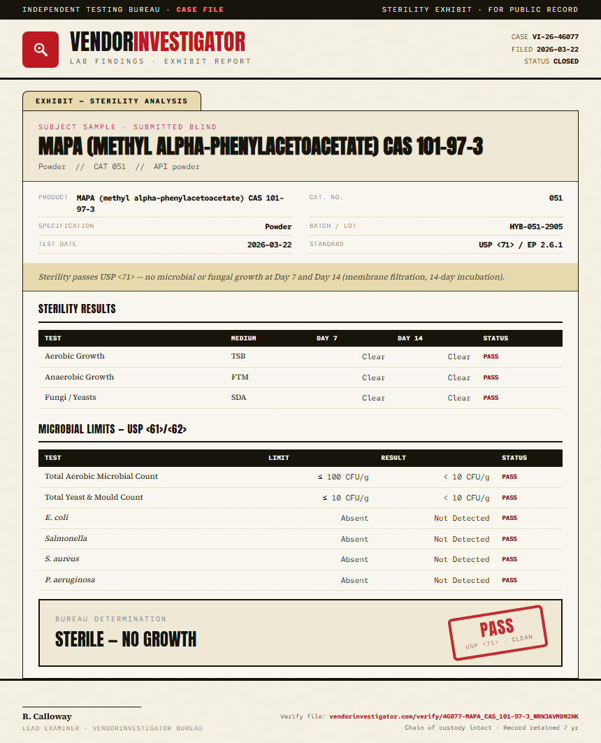 MAPA (methyl alpha-phenylacetoacetate) CAS 101-97-3 Sterility report by VendorInvestigator
