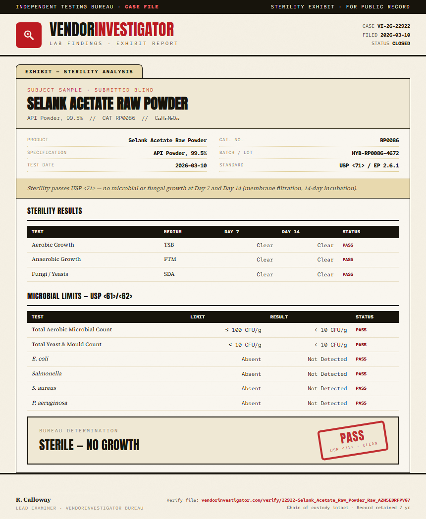 Selank Acetate Raw Powder Sterility report by VendorInvestigator